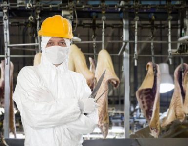 Hinter den Kulissen der Fleischindustrie: Man in weißem Schutzanzug und gelbem Helm posiert mit Fleischermesser vor geschlachteten und halbierten Tieren
