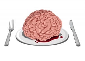 Gehirn (gezeichnet) serviert auf weißem Teller, daneben Messer und Gabel