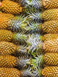 Ein Dutzend Gelbe Ananas mit Strunk