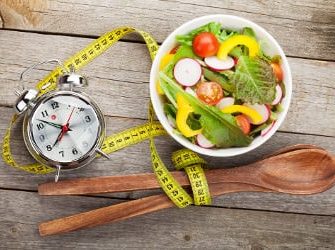 Eine Uhr, ein Maßband und eine Schale Salat verdeutlichen, dass man bei Intervall Fasten nur zu bestimmten Uhrzeiten isst, um Abzunehmen