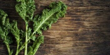 gruenkohl Grünkohlblätter auf einem dunklen Holztisch