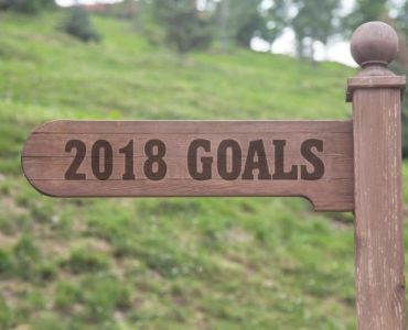Schild aus Holz mit Aufschrift 2018 Goals vor grüner Wiese zeigt in Richtung gute Vorsätze 2018