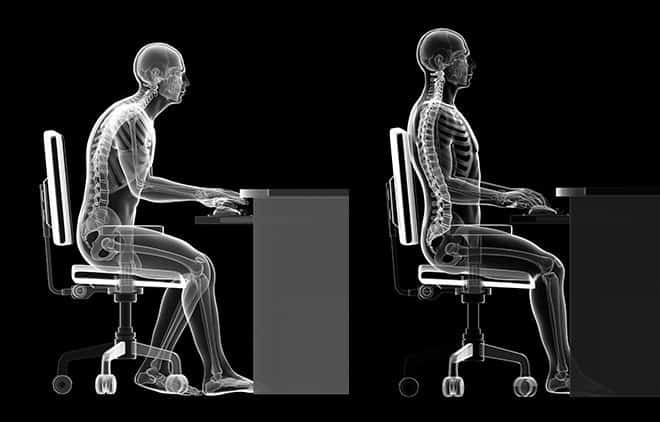 Graphische Darstellung von der verkehrten und korrekten Haltung im Sitzen