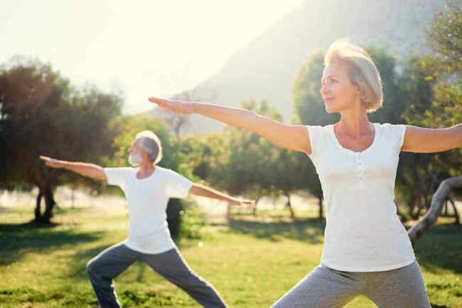 Bewegung ist gesund Eine Frau Mitte 50 und ihr Mann machen im Park Yogaübungen, denn Bewegung ist gesund
