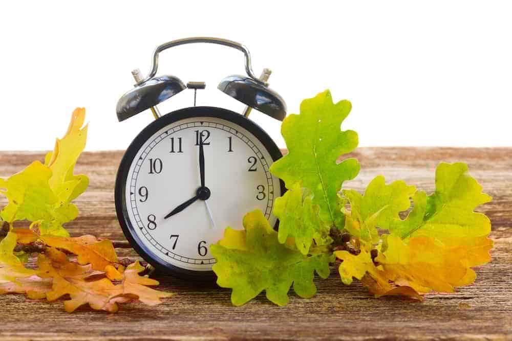 Wecker auf Holztisch mit buntem Herbstlaub Zeitumstellung